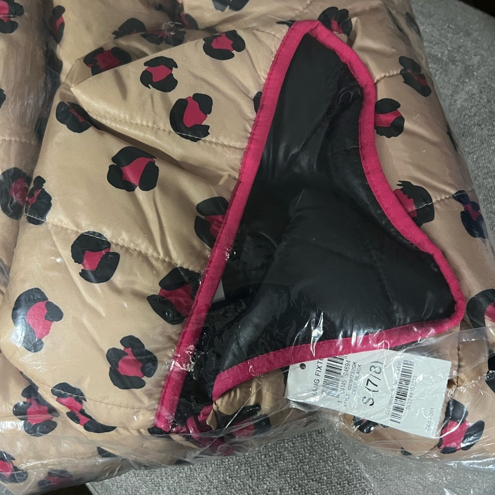 Stylish Tan and Black Quilted Jacket with Pink Accents